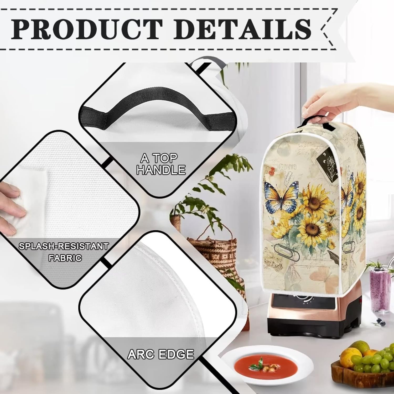 Blender Cover Kitchen Appliance Cover Anti Fingerprint Dust Protection Washable Coffee Machine Cover Food Processor Dust Cover Stand Mixer Cover with Top Handle, Butterfly Sunflower Retro - Image 5