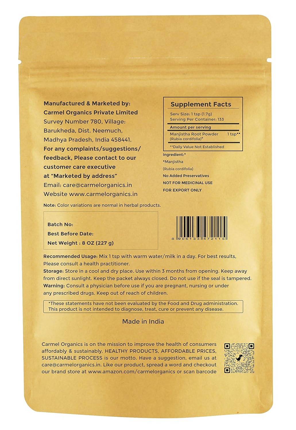 CARMEL ORGANICS Manjistha Root Powder - Image 3