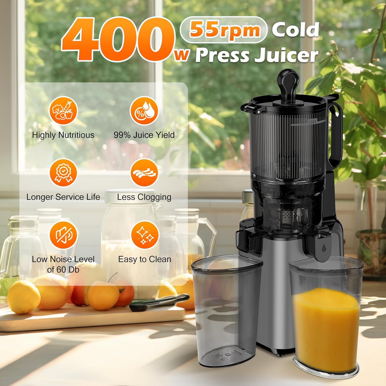 Cold Press Juicer Machine with Large Feed Chute for Whole Vegetables and Fruits - Image 6