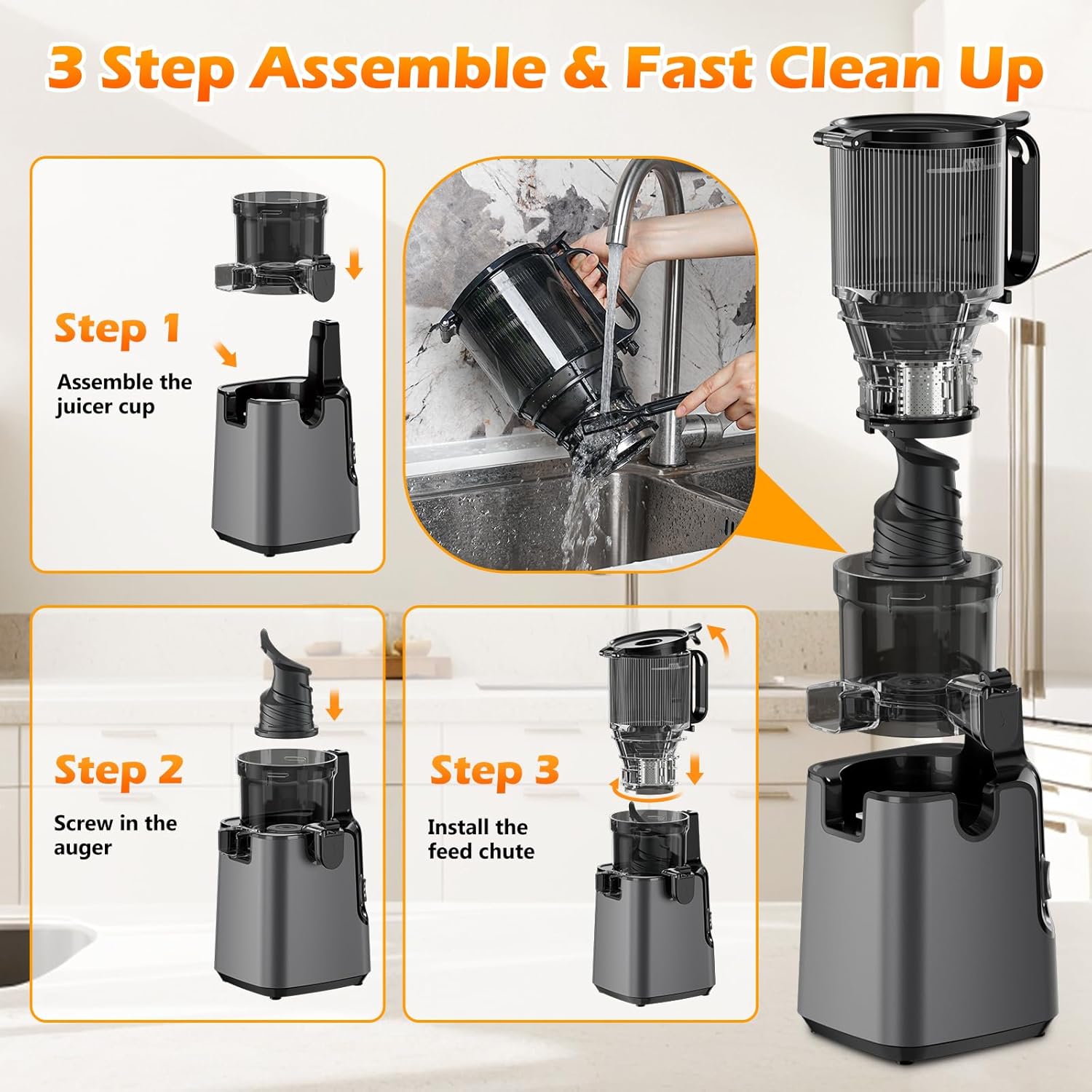 Cold Press Juicer Machine with Large Feed Chute for Whole Vegetables and Fruits - Image 8