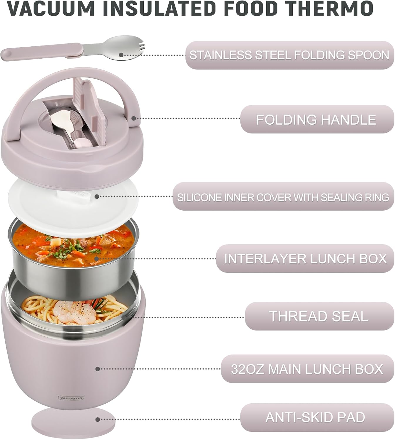 Thermo Food Jar for Hot Food Adults 32OZ Soup Thermo Lunch Containers Wide Mouth Vacuum Insulated Stainless Steel Leakproof Bento Box with Spoon - Image 3