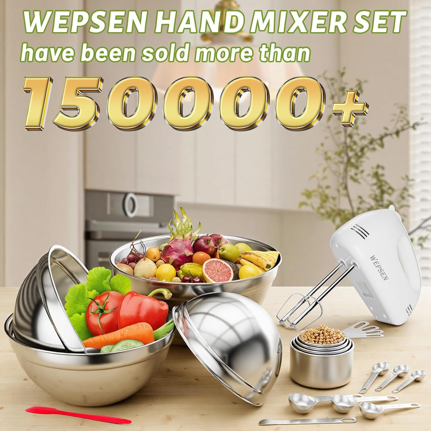 5-Speed Electric Hand Mixer Set with Stainless Steel Bowls and Accessories - Image 3