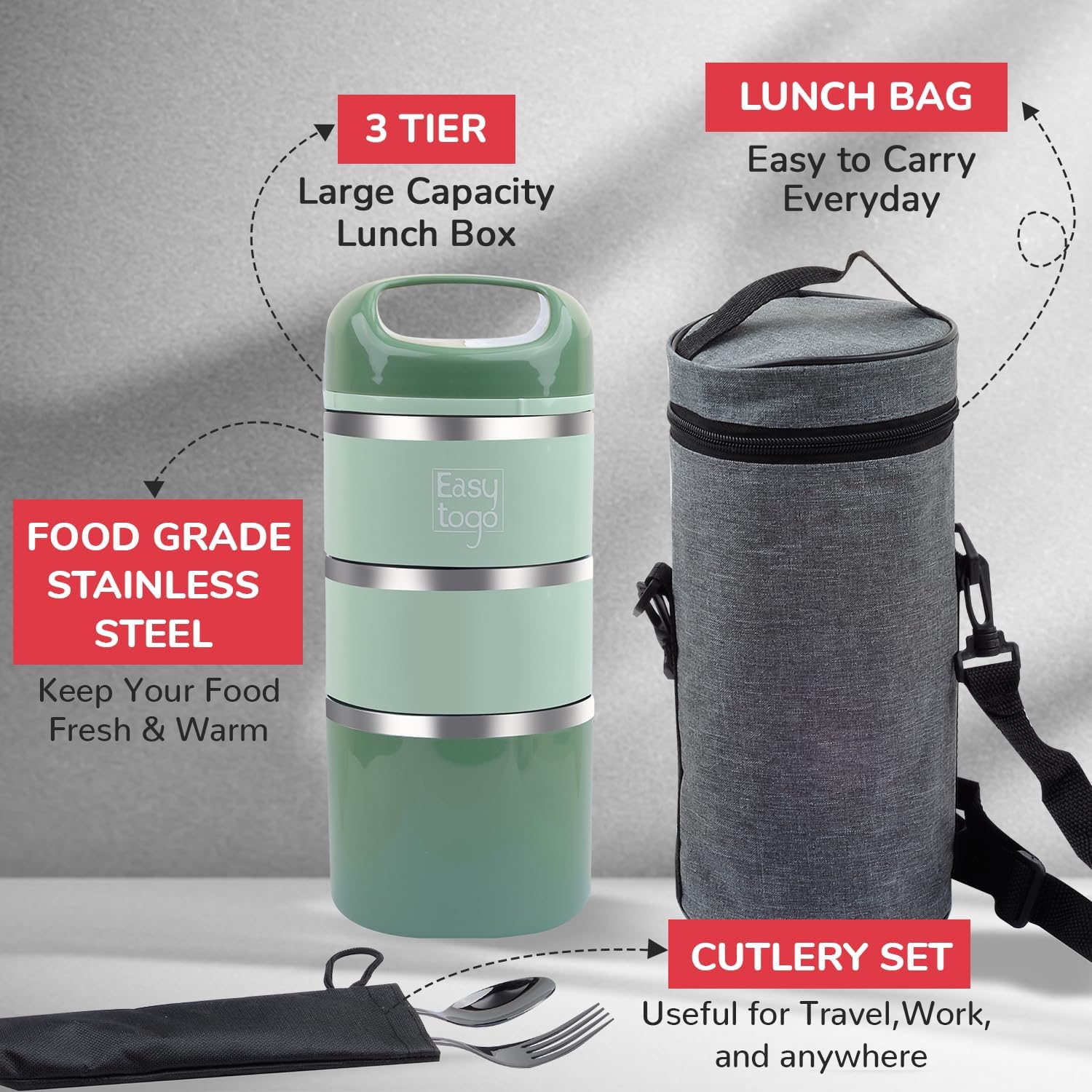 Portable Stackable Lunch Box with Cutlery Set - Image 3