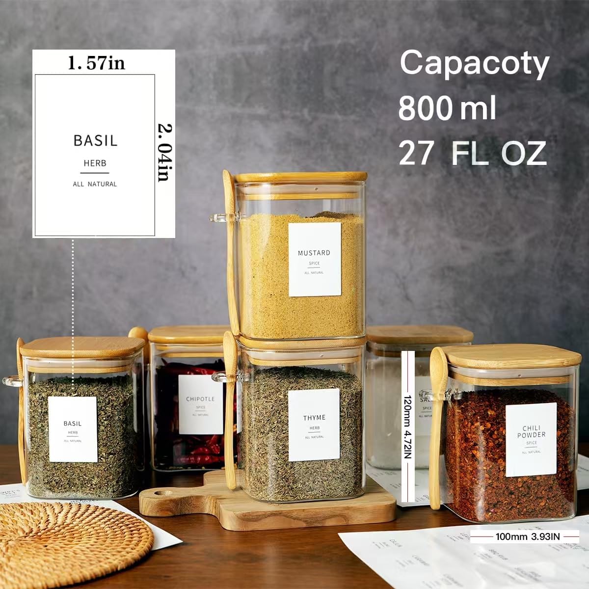 6 Pcs Square Glass Jar with Bamboo Lid and Spoon - Image 5