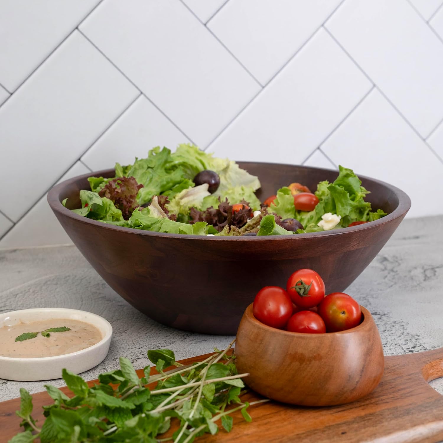 Luxe Wooden Salad Bowl Set with Serving Utensils - Image 7