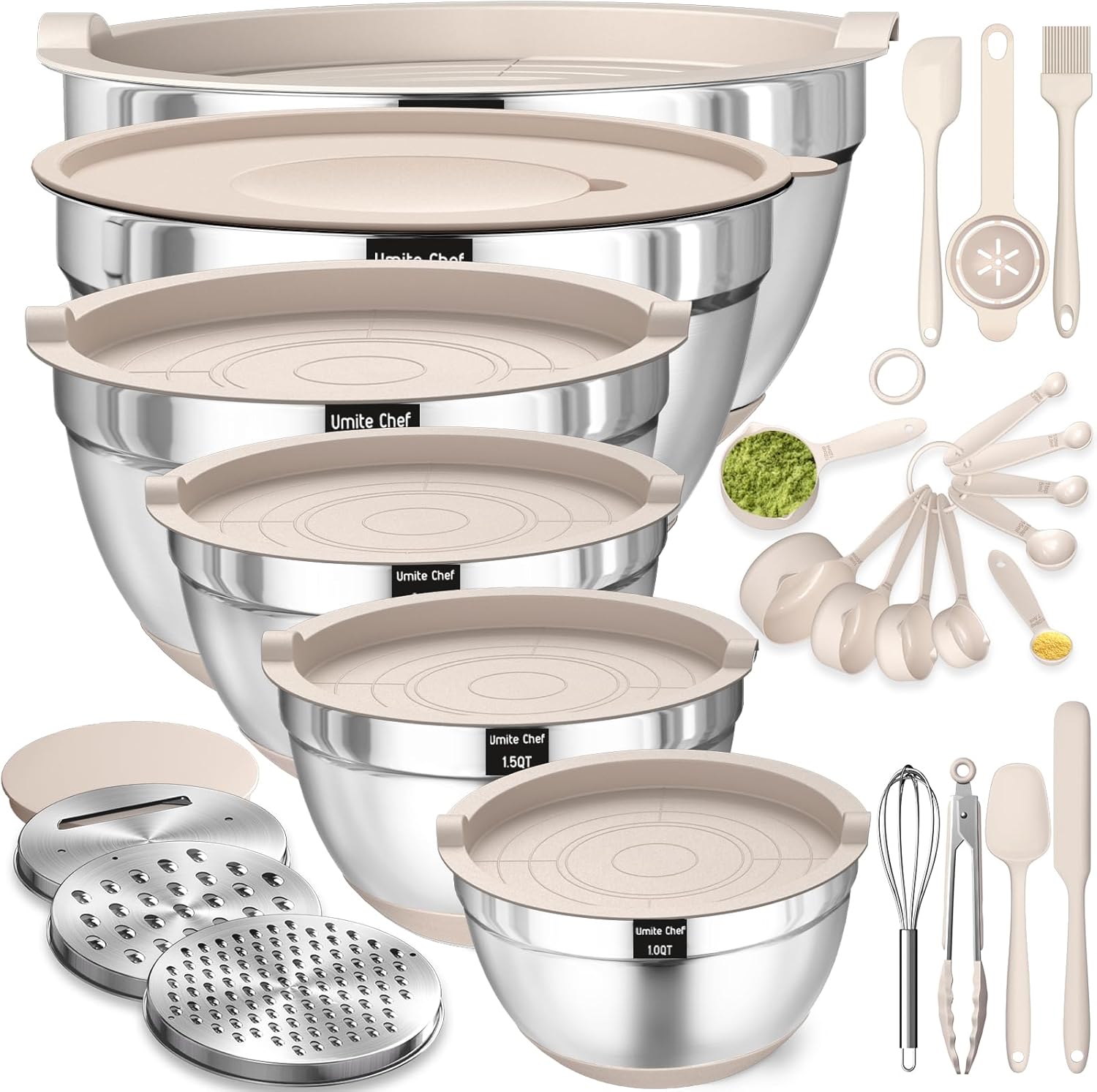 Stainless Steel Mixing Bowls Set with Airtight Lids and Grater Attachments - Image 2